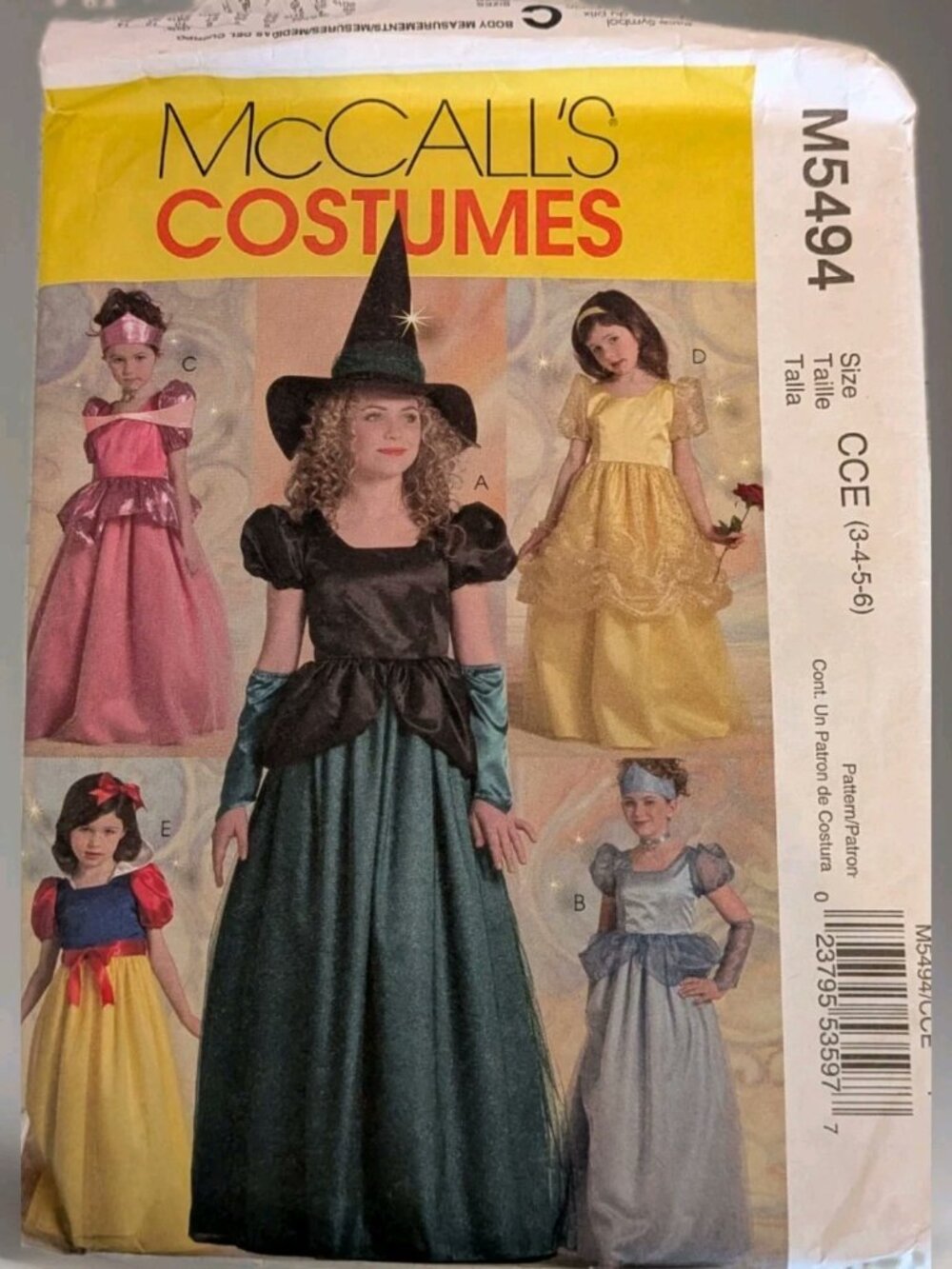 McCalls Sewing Pattern M5494 Disney Princess Snow White Belle Witch Size 3-6